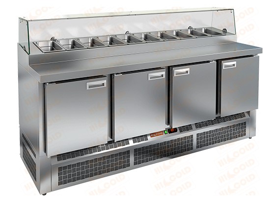 Стол охлаждаемый для пиццы HICOLD PZE2-1111/GN стекло, нижн, 4 двери (+2...+10°С)